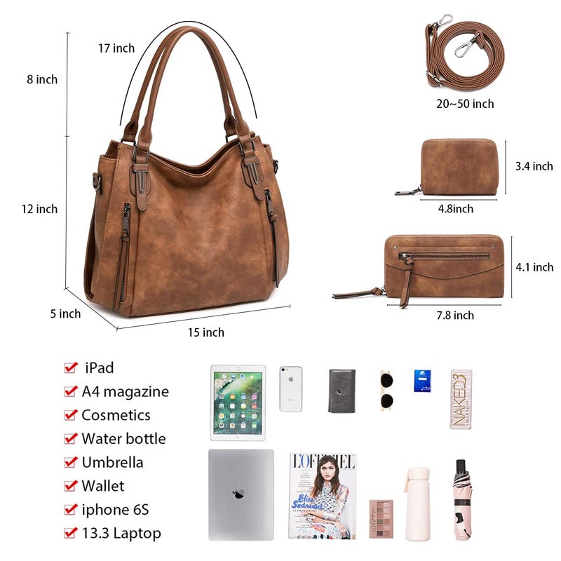 lapsting Hobo Handbags for Women Tote Bag Boho Crossbody Ladies Shoulder Purses Designer Faux Leather Brown 3PCS Set - Image 4