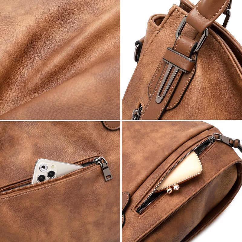 lapsting Hobo Handbags for Women Tote Bag Boho Crossbody Ladies Shoulder Purses Designer Faux Leather Brown 3PCS Set - Image 2
