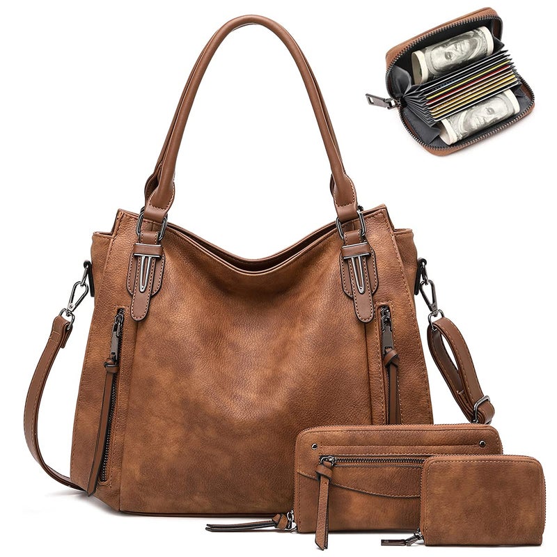 lapsting Hobo Handbags for Women Tote Bag Boho Crossbody Ladies Shoulder Purses Designer Faux Leather Brown 3PCS Set - Image 1