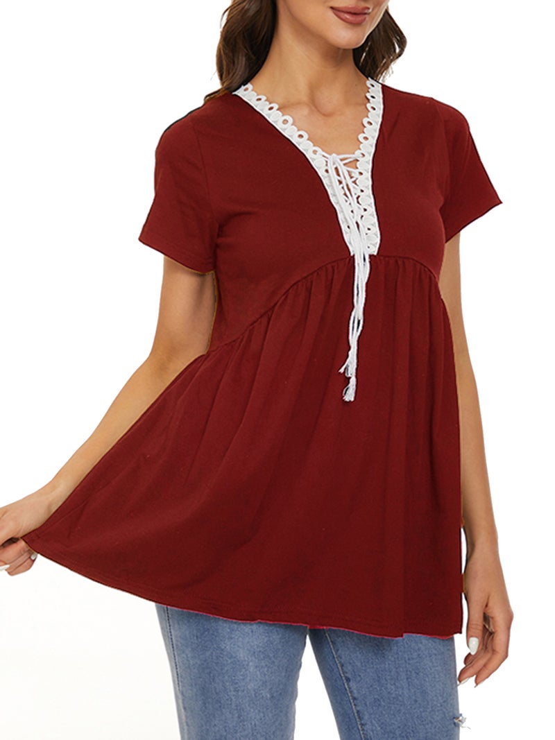 Women Short Sleeved T-shirt Lace up V Neck Flared Casual Shirts - Image 5