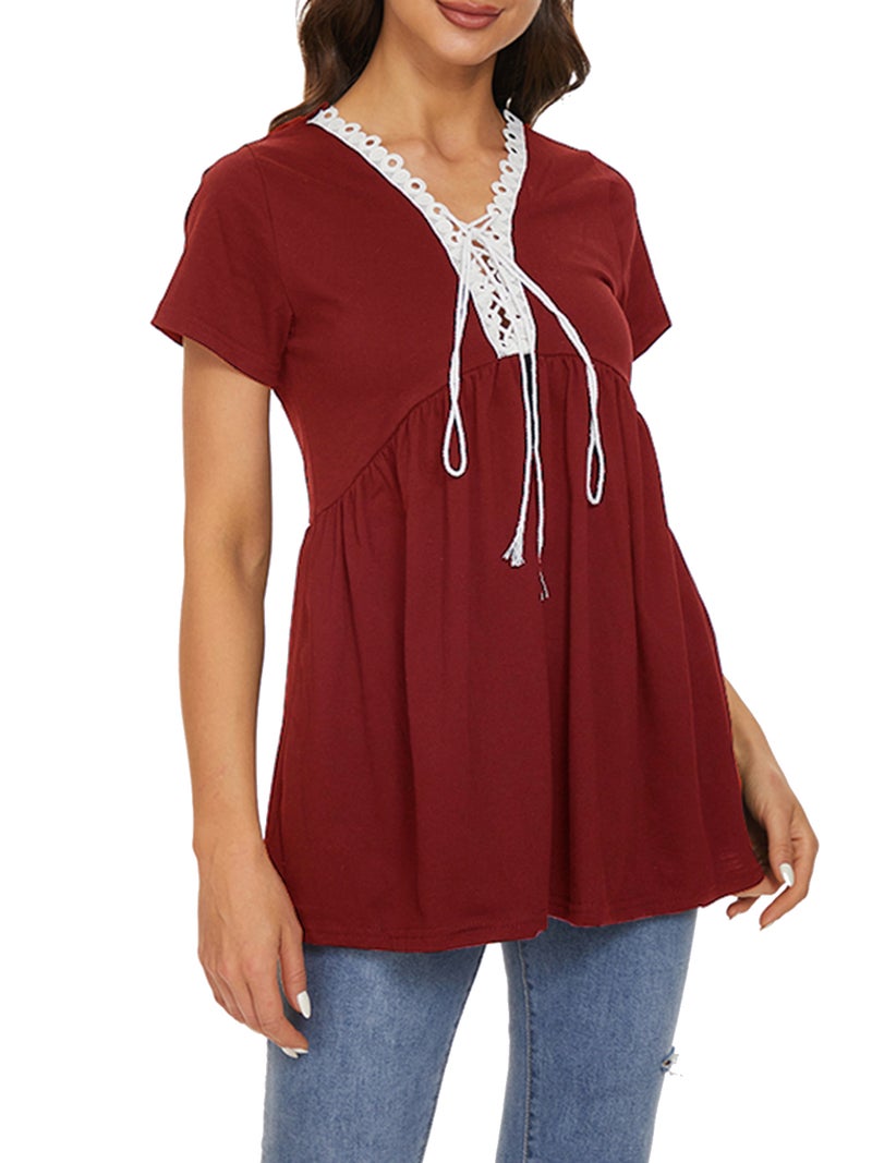 Women Short Sleeved T-shirt Lace up V Neck Flared Casual Shirts - Image 1