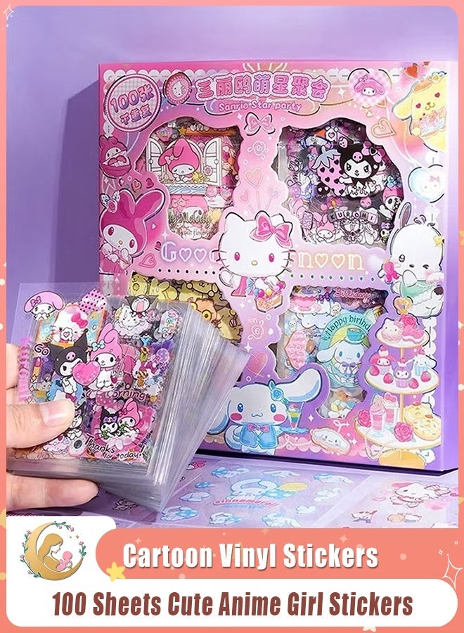 Sanrio 100 Sheets Anime Girl Stickers Pack – Cute Aesthetic Kawaii Cartoon Vinyl Stickers for Scrapbooking, Journaling, Laptop, Room Decor & DIY Crafts - Image 1
