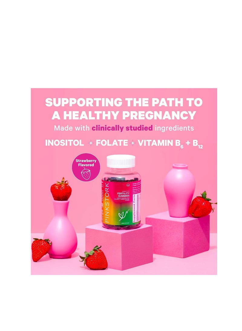 بينك ستروك علكات الخصوبة، تدعم الحمل وتوازن الهرمونات للنساء مع الإينوزيتول وحمض الفوليك وفيتامين ب6، مكملات الخصوبة قبل الولادة للنساء - الفراولة، 90 قطعة - Image 2