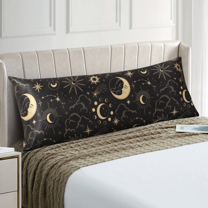 SATIN PILLOWCASE FOR HAIR AND SKIN BLACK PRINTED SILK BODY PILLOWCASE 20X54 INCHES BODY PILLOW CASES WITH ENVELOPE CLOSURE GIFTS FOR WOMEN MEN