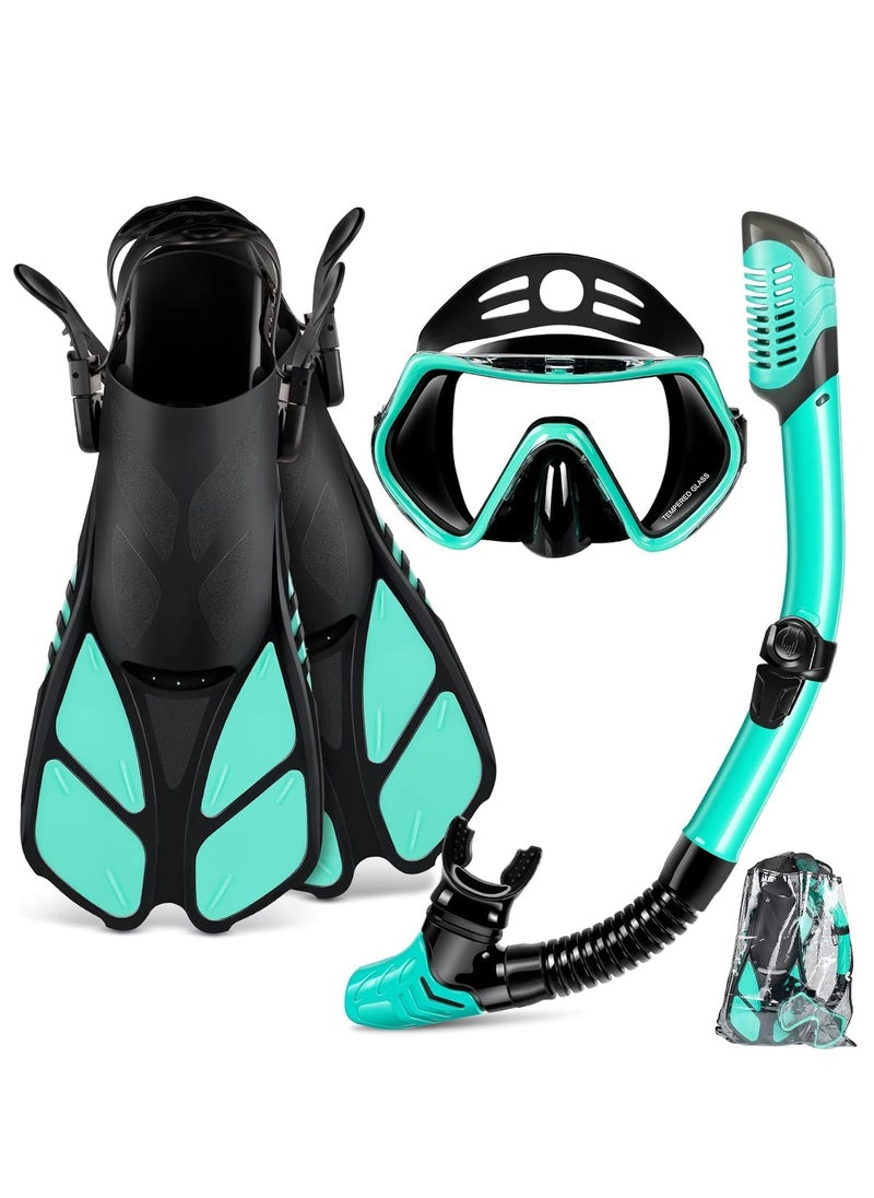 Halamine Mask Fin Snorkel Set, Travel Size Snorkeling Gear for Adults with Panoramic View Anti-Fog Mask, Trek Fins, Dry Top Snorkel and Gear Bag for Swimming Training, Snorkeling Kit Diving Packages  - Image 1