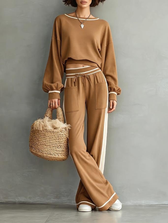 2026 Autumn/Winter Casual Solid Color Two-Piece Set: Round Neck Long Sleeve Sweatshirt & Wide Leg Drawstring Sweatpants - Bronze