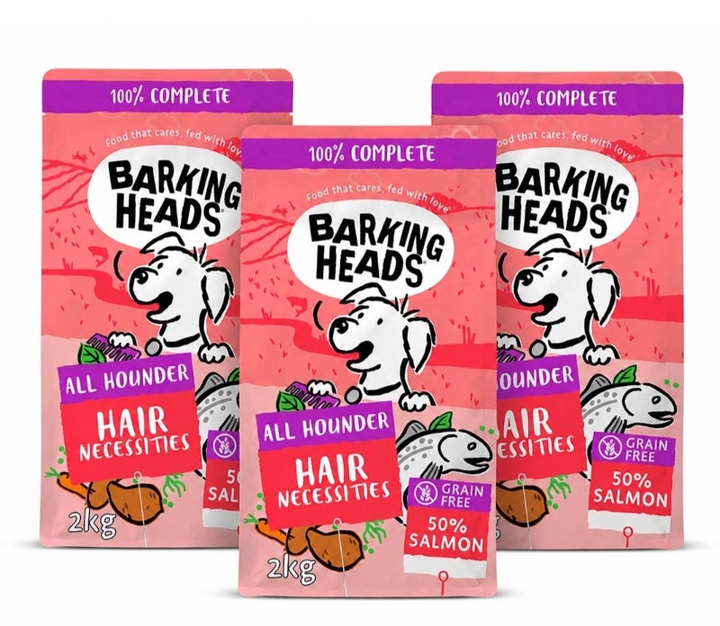 Barking Heads Complete Dry Dog Food - Adult All Hounder Hair Necessities Salmon - Natural Grain Free Hypoallergenic for Skin & Coat 2 KG ( PACK OF 3 )- Vet Approved - Image 1