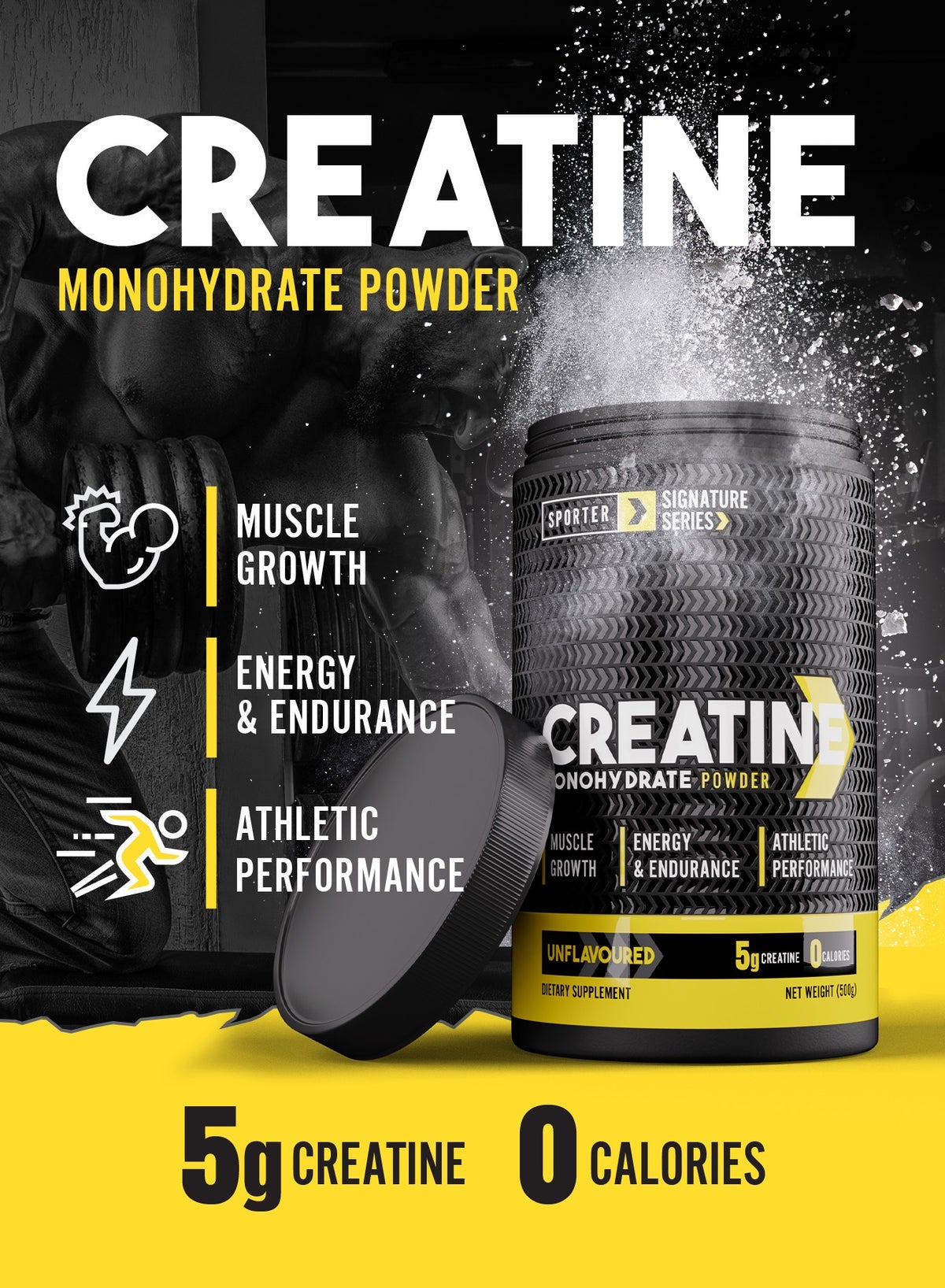 Sporter Creatine Monohydrate Powder – 500G, 100 Servings | Pure Micronized Creatine For Muscle Growth, Strength & Recovery | Unflavored, Easy To Mix | Workout Supplement For Men & Women