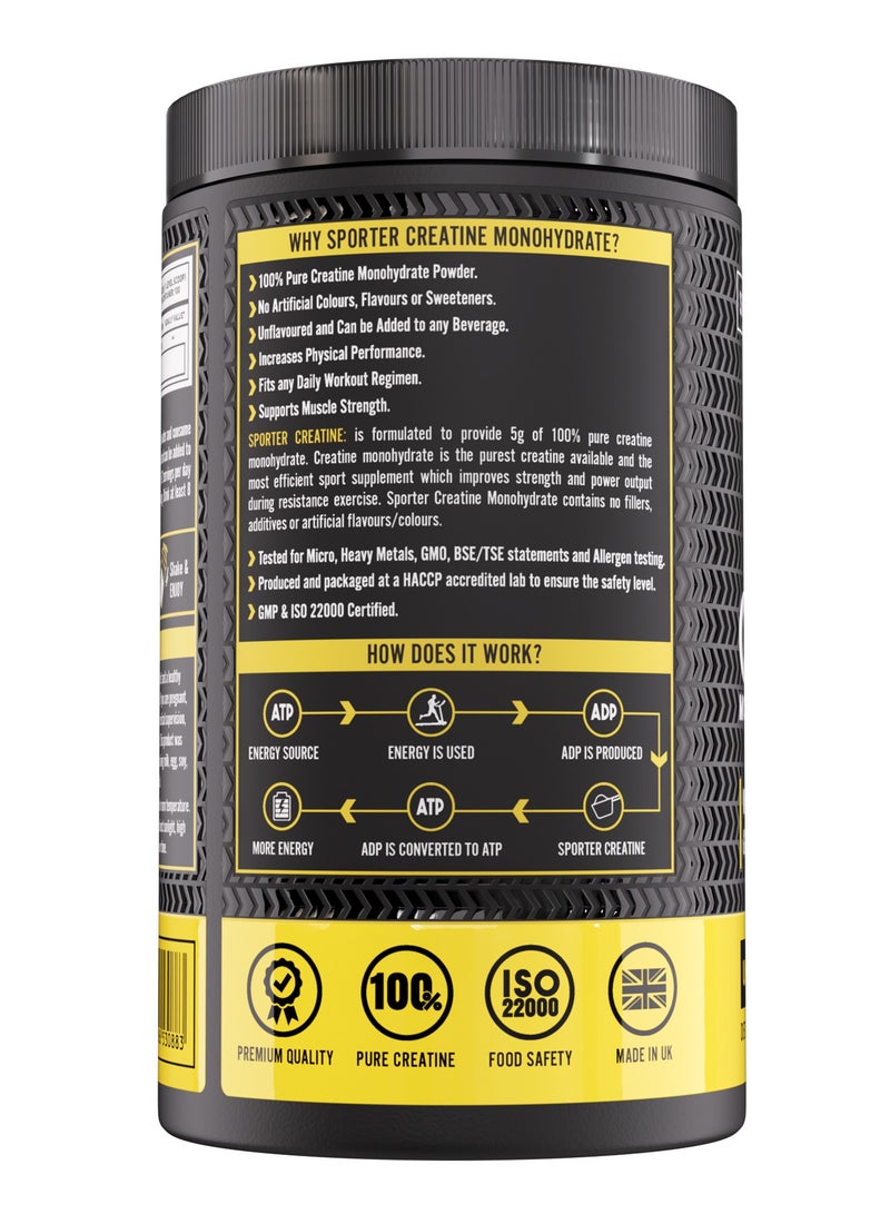 Sporter Creatine Monohydrate Powder – 500g, 100 Servings | Pure Micronized Creatine for Muscle Growth, Strength & Recovery | Unflavored, Easy to Mix | Workout Supplement for Men & Women