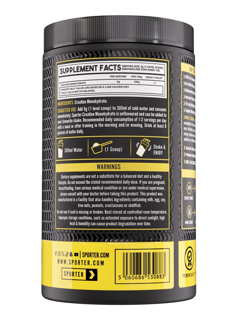 Sporter Creatine Monohydrate Powder – 500g, 100 Servings | Pure Micronized Creatine for Muscle Growth, Strength & Recovery | Unflavored, Easy to Mix | Workout Supplement for Men & Women