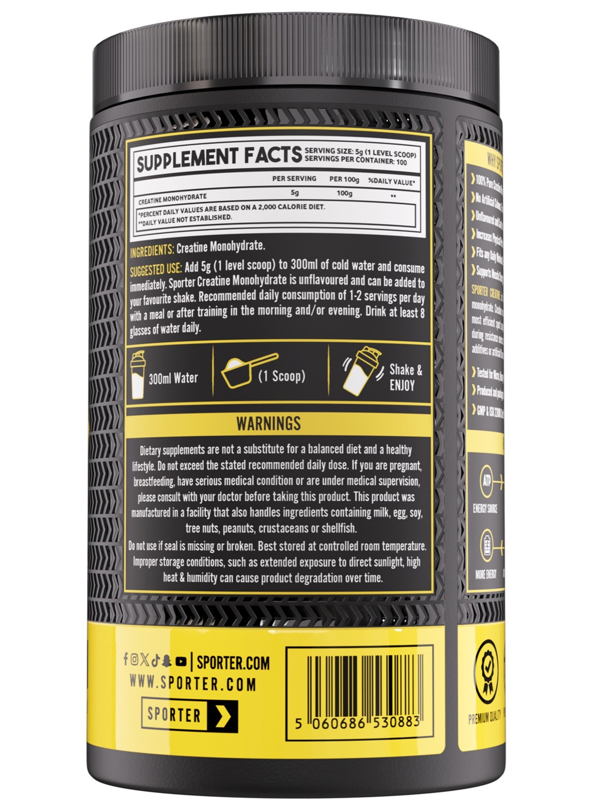 Sporter Creatine Monohydrate Powder – 500G, 100 Servings | Pure Micronized Creatine For Muscle Growth, Strength & Recovery | Unflavored, Easy To Mix | Workout Supplement For Men & Women