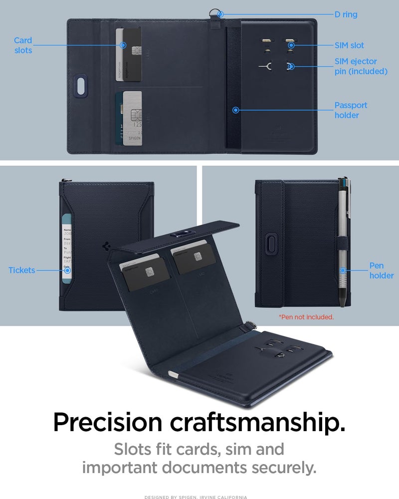 Spigen Life for Passport Card Cover Holder with RFID Blocking Technology Wallet Travel Documents Organizer Protector Accessories, SIM Card Pin Included - Navy Blue - Image 3