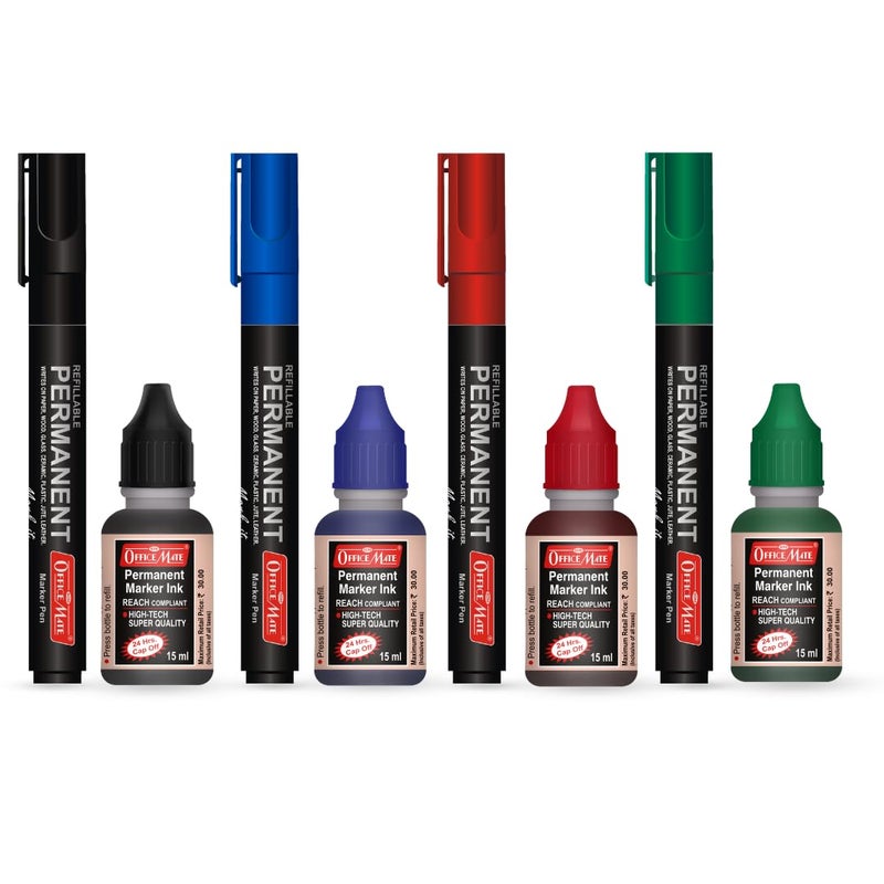 Office Mate Soni Officemate Permanent Combo (4 Permanent Markers + Permanent Markers Ink) - Image 1