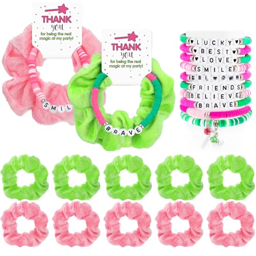 FineCheer 10 Sets Green and Pink Witch Gift for Girls Friendship Magic Bracelet and Scrunchie Bulk for Teen Themed Birthday Party Inspirational Thank You GiftsWitch Theme - Image 1
