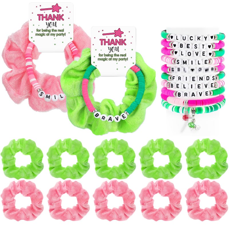 FineCheer 10 Sets Green and Pink Witch Gift for Girls Friendship Magic Bracelet and Scrunchie Bulk for Teen Themed Birthday Party Inspirational Thank You GiftsWitch Theme - Image 2