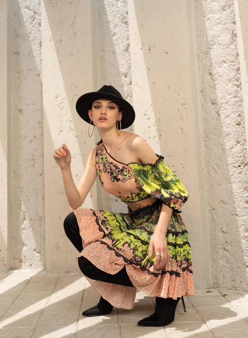 Bhanuni By Jyoti  SALMON PINK AND LIME GREEN  SKIRT for Women | Best Price UAE