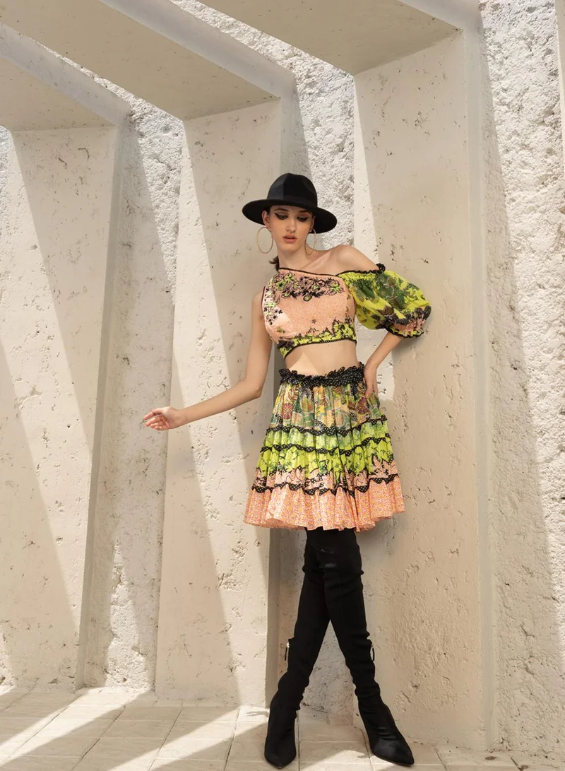 Bhanuni By Jyoti  SALMON PINK AND LIME GREEN  SKIRT for Women | Best Price UAE