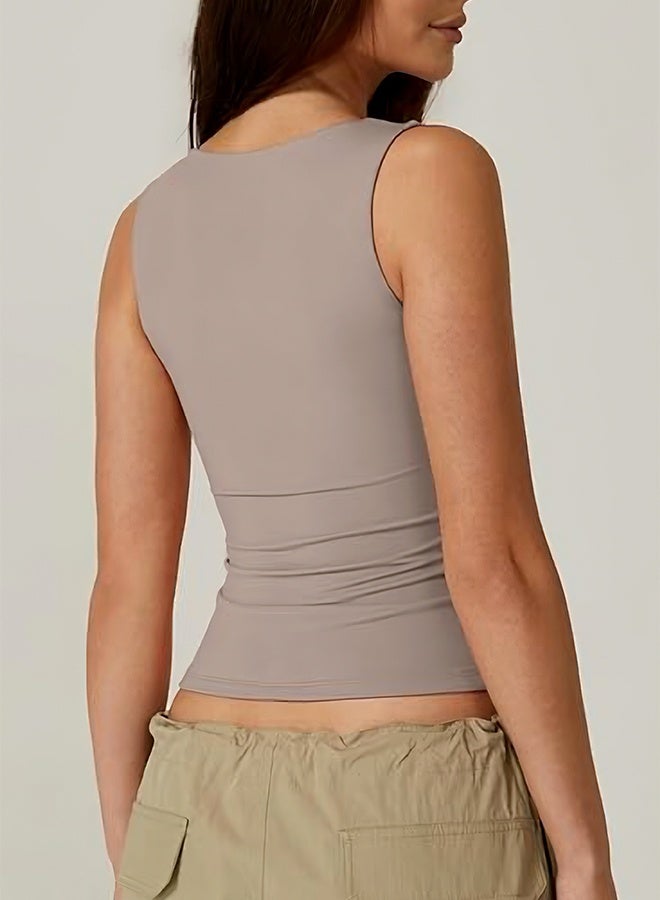 المربع الرقبة المرأة بدون أكمام طبقة مزدوجة دبابات قمصان ضيقة أساسية - Image 3