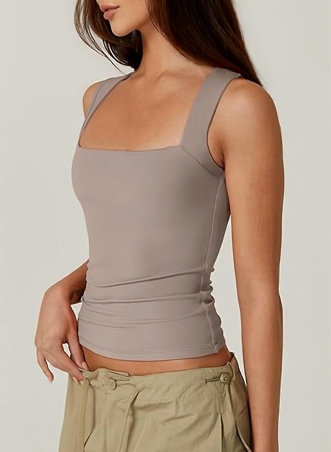 المربع الرقبة المرأة بدون أكمام طبقة مزدوجة دبابات قمصان ضيقة أساسية - Image 4