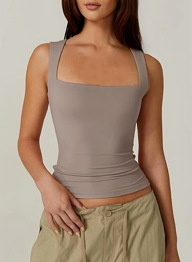 المربع الرقبة المرأة بدون أكمام طبقة مزدوجة دبابات قمصان ضيقة أساسية - Image 1