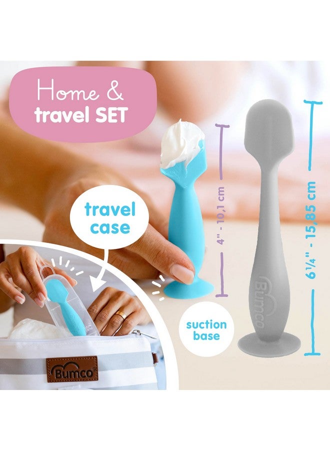 بيبي بام برَش فرشاة تنظيف أرداف بومكو بيبي + ملعقة صغيرة لكريم حفاضات الأطفال مع حقيبة - ملعقة حفاضات سيليكون خالية من مادة BPA مع كوب شفط، سهلة التنظيف، أداة وضع معجون الأرداف من ابتكار الأم (رمادي وأزرق) - Image 2