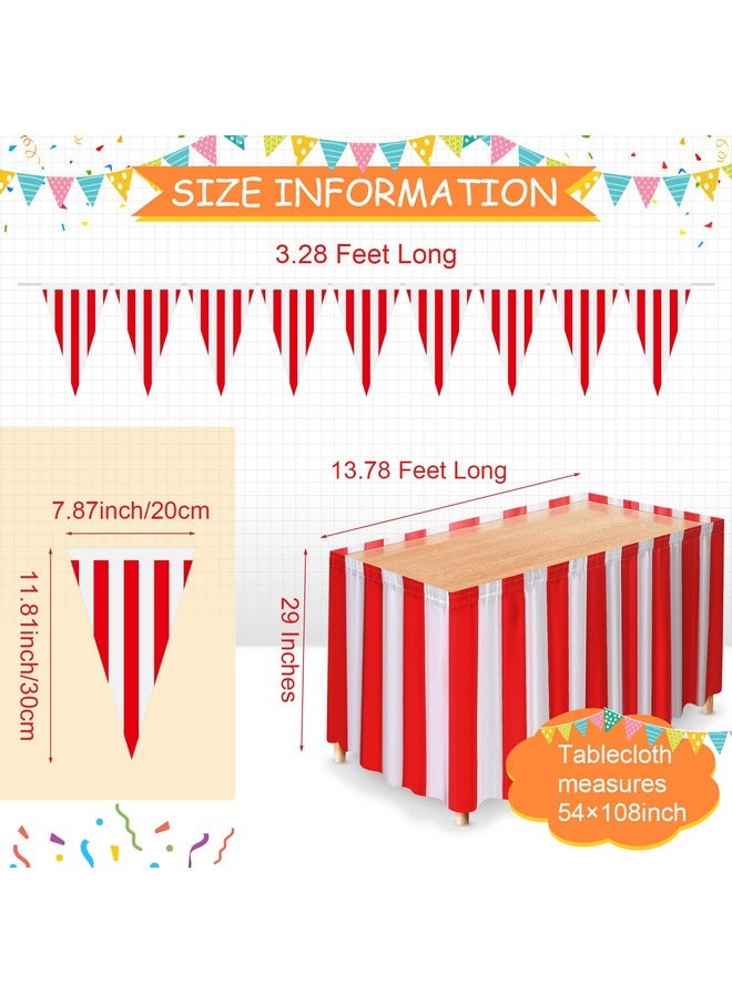 Tegeme 10 Pieces Carnival Theme Party Decors Carnival Table Skirts Carnival Circus Theme Tablecloths Red White Striped Pennant Banners Circus Carnival Bunting Banners For Carnival Circus Decors  - Image 2