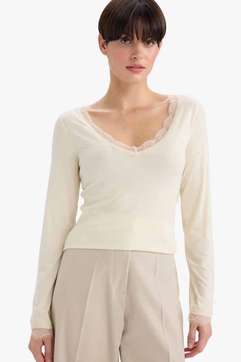 ديفاكتو Fall in Love Modal Cashmere Soft Textured Laced Top