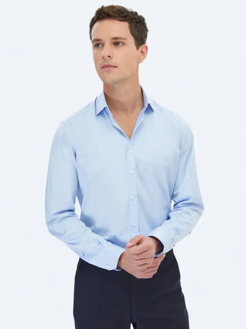 Kip Blue Plain Regular Fit Weaving Classical 100% Cotton Shirt