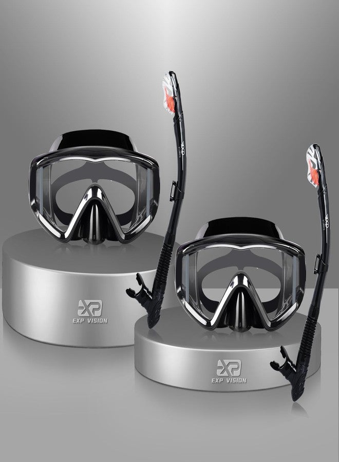 EXP VISION Snorkel Set Pano 3 Window Adult Snorkeling Gear, Professional Snorkel Goggles Anti-Fog Diving Mask, Anti-Leak Swim Goggles and Dry Top Snorkel for Diving, Snorkeling, Swimming (Black-2 Pack) - Image 1