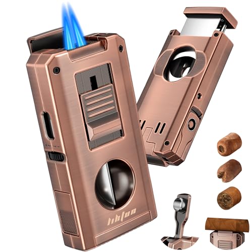 LIHTUN Cigar Torch Lighter Built-in One-Touch Cigar Cutter V-Cut and Straight Cut, Punch, Stand, All-in-1 Windproof Dual Jet Flame Lighter Gifts for Cigar Loves, Adjustable Refillable (Bronze) - Image 1