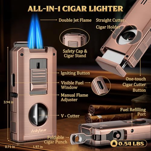 LIHTUN Cigar Torch Lighter Built-in One-Touch Cigar Cutter V-Cut and Straight Cut, Punch, Stand, All-in-1 Windproof Dual Jet Flame Lighter Gifts for Cigar Loves, Adjustable Refillable (Bronze) - Image 2
