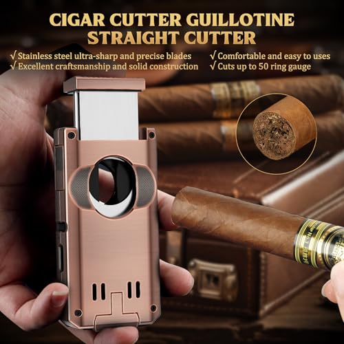 LIHTUN Cigar Torch Lighter Built-in One-Touch Cigar Cutter V-Cut and Straight Cut, Punch, Stand, All-in-1 Windproof Dual Jet Flame Lighter Gifts for Cigar Loves, Adjustable Refillable (Bronze) - Image 5
