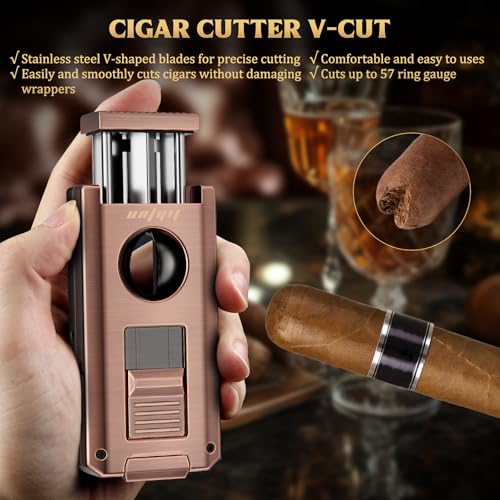 LIHTUN Cigar Torch Lighter Built-in One-Touch Cigar Cutter V-Cut and Straight Cut, Punch, Stand, All-in-1 Windproof Dual Jet Flame Lighter Gifts for Cigar Loves, Adjustable Refillable (Bronze) - Image 4