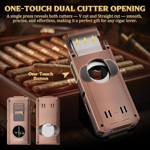 LIHTUN Cigar Torch Lighter Built-in One-Touch Cigar Cutter V-Cut and Straight Cut, Punch, Stand, All-in-1 Windproof Dual Jet Flame Lighter Gifts for Cigar Loves, Adjustable Refillable (Bronze) - Image 3