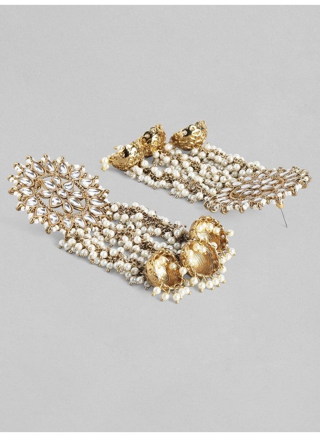 Rubans أقراط جومكا متعددة مزينة باللؤلؤ من كوندان المصنوعة يدويًا والمطلية بالذهب للنساء - Image 2