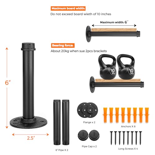 HomeExpert Home Expert 6 Inch Black Industrial Pipe Floating Clothing Rack Wall Mounted, Heavy Duty Garment Rack for Hanging Clothes, Multi-purpose Hanging Rod for Closet Storage, 2 Pack - Image 2