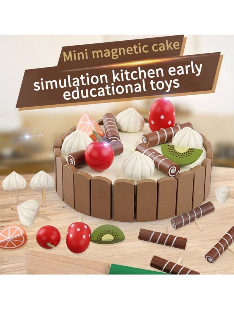 SYOSI Wooden Birthday Cake Toy Kids Magnetic Dessert with Cutting Knife Fruit Toppings Chocolate and Vanilla Swirls Fun Kitchen Pretend Play Food Party Cooking Cutter Set, Educational Gift - Image 1