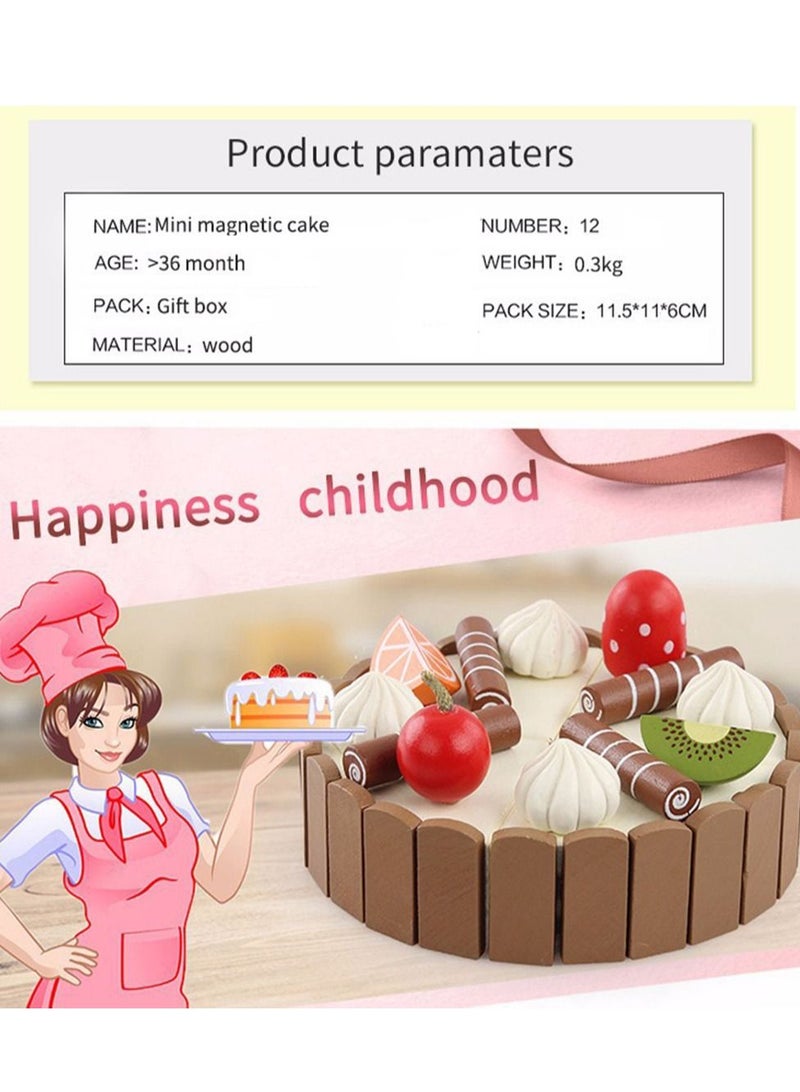 SYOSI Wooden Birthday Cake Toy Kids Magnetic Dessert with Cutting Knife Fruit Toppings Chocolate and Vanilla Swirls Fun Kitchen Pretend Play Food Party Cooking Cutter Set, Educational Gift - Image 3