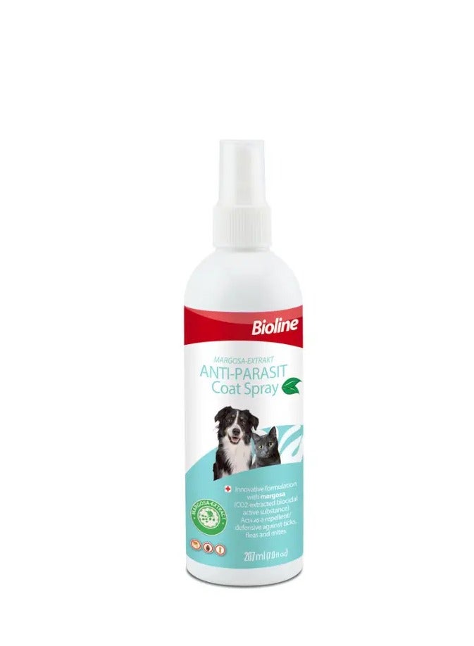 BIOLINE ANTI-PARASIT COAT SPRAY. INNOVATIVE FORMULATION WITH MARGOSA (CO2-EXTRACTED BIOCIDAL ACTIVE SUBSTANCE) ACTS AS A REPELLENT/DEFENSIVE AGAINST TICKS,FLEAS AND MITES 207ML