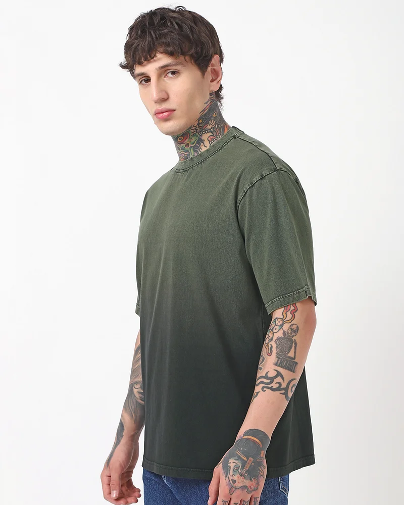 bewakoof Men's Green Oversized Ombre Acid Wash T-shirt
