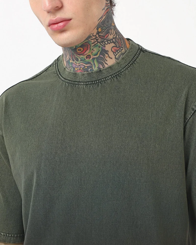 bewakoof Men's Green Oversized Ombre Acid Wash T-shirt