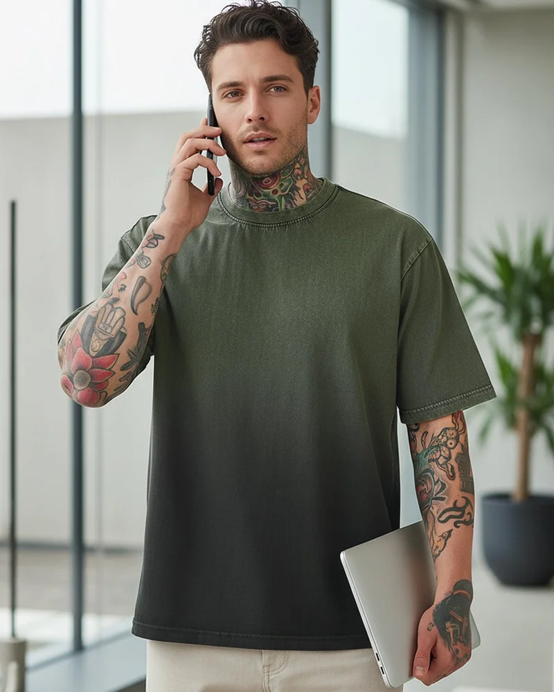 بيواكوف تيشيرت رجالي أخضر واسع بغسيل حمضي متدرج