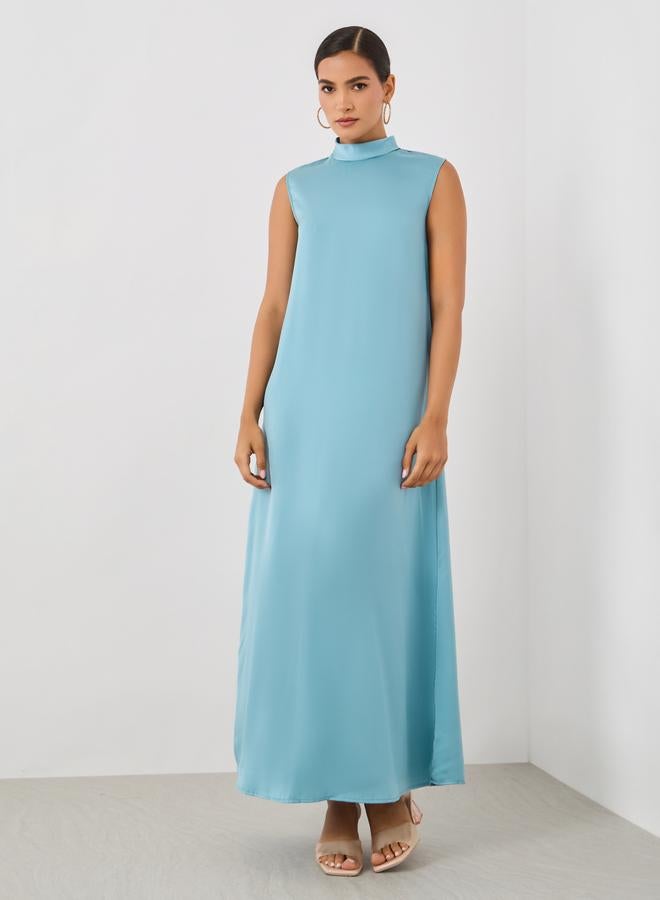 Styli Styli Stand Collar Satin Inner Dress with Jacquard Cape Abaya Set  - Image 3
