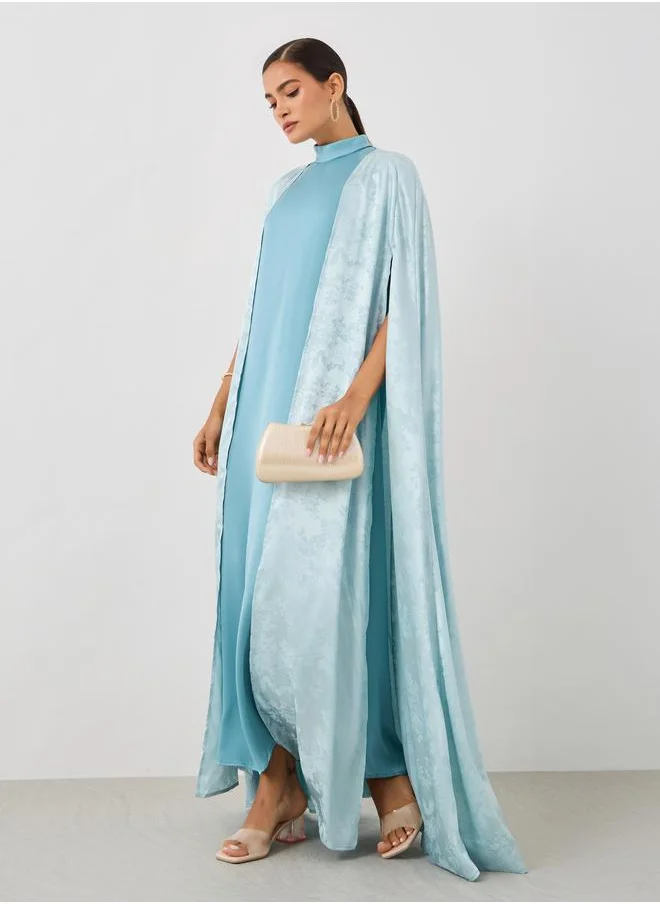 ستايلي Styli Stand Collar Satin Inner Dress with Jacquard Cape Abaya Set