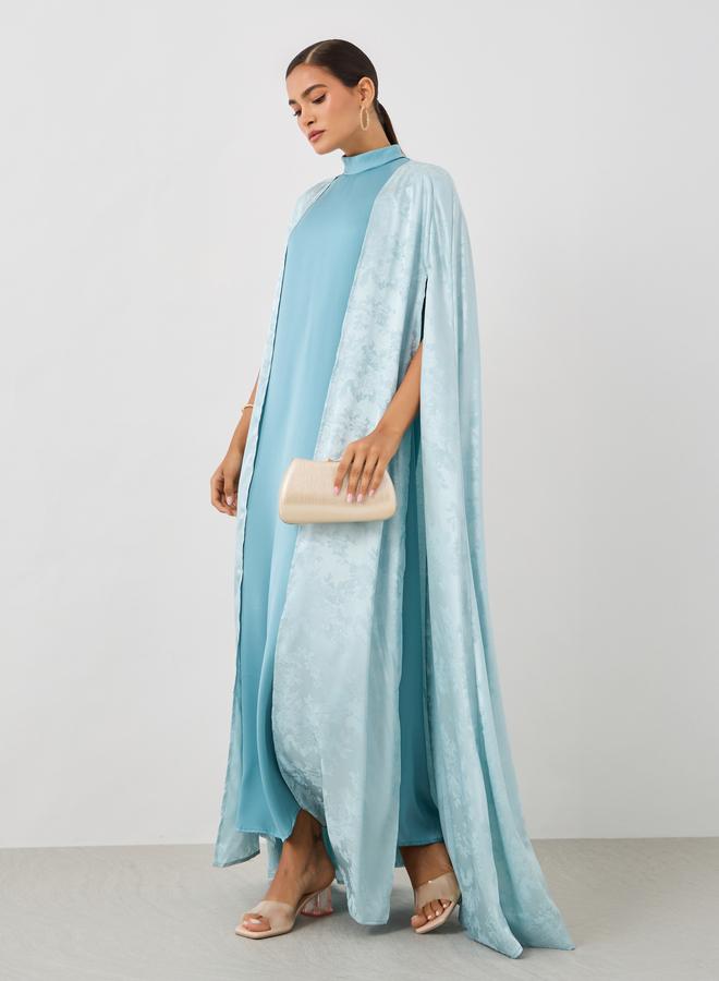 Styli Styli Stand Collar Satin Inner Dress with Jacquard Cape Abaya Set  - Image 1
