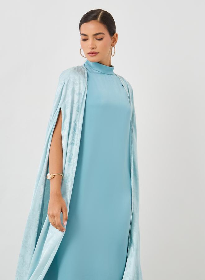 Styli Styli Stand Collar Satin Inner Dress with Jacquard Cape Abaya Set  - Image 4
