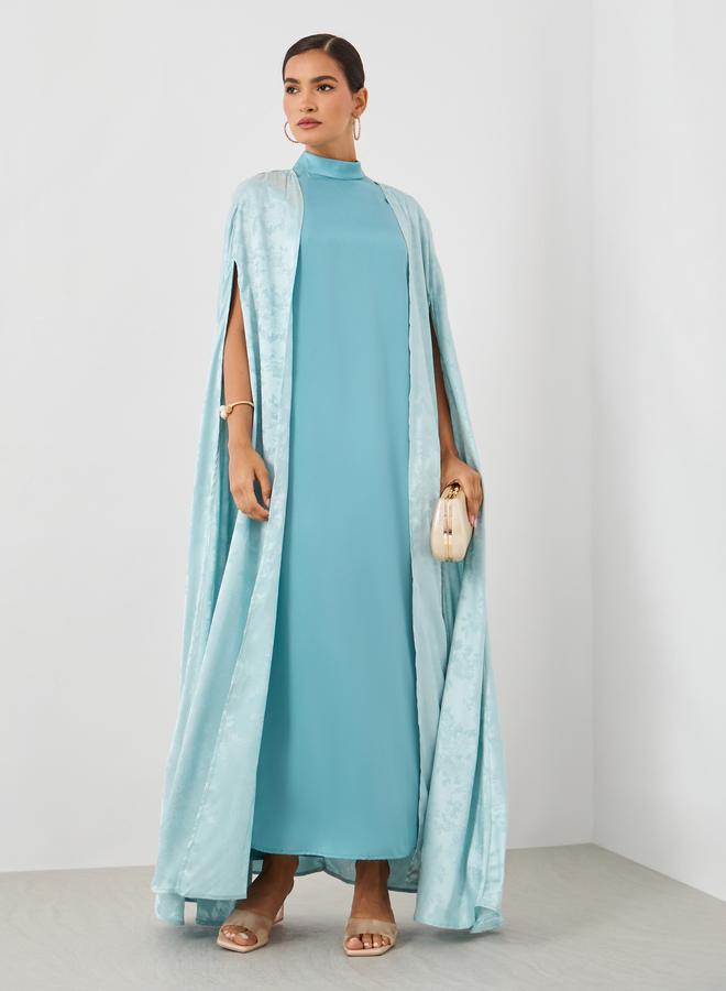 Styli Styli Stand Collar Satin Inner Dress with Jacquard Cape Abaya Set  - Image 2