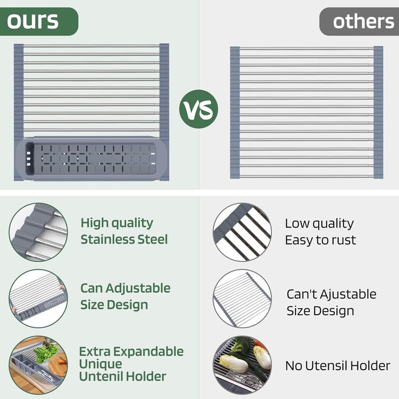 BBXTYLY Expandable Roll Up Dish Drying Rack,Over The Sink Drying Rack Sink Kitchen Accessories Rolling up Stainless Steel Drainer, Foldable with Removable Utensil Holder(Gray) - Image 3
