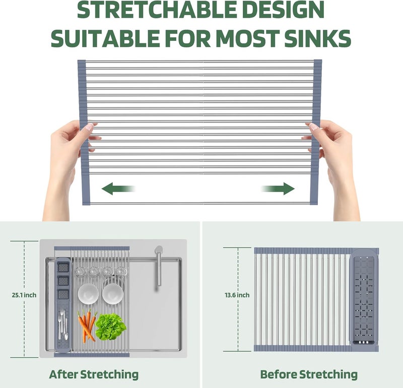 BBXTYLY Expandable Roll Up Dish Drying Rack,Over The Sink Drying Rack Sink Kitchen Accessories Rolling up Stainless Steel Drainer, Foldable with Removable Utensil Holder(Gray) - Image 5