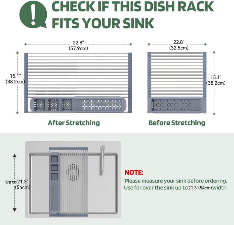BBXTYLY Expandable Roll Up Dish Drying Rack,Over The Sink Drying Rack Sink Kitchen Accessories Rolling up Stainless Steel Drainer, Foldable with Removable Utensil Holder(Gray) - Image 2